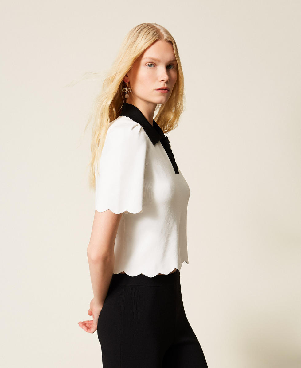 Maglia bicolor a polo con smerli Bicolor Nero / Bianco Neve Donna 261TP3371_12063_02