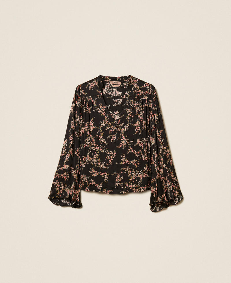 Floral cr&eacute;ponne blouse Little Flowers Black/Rose Print Woman 262TP2441_13700_S0