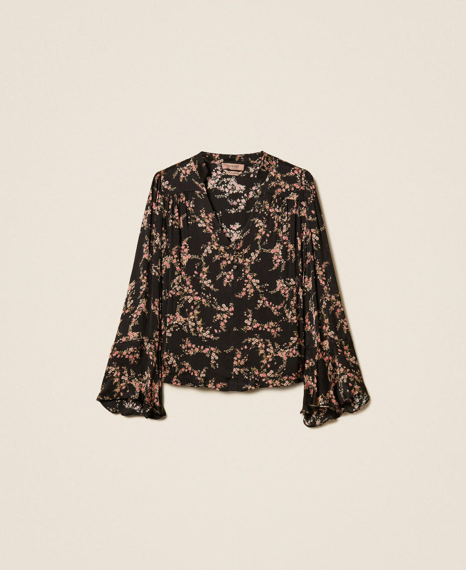 Floral cr&eacute;ponne blouse Little Flowers Black/Rose Print Woman 262TP2441_13700_S0