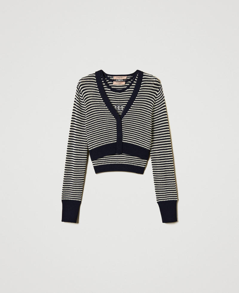 Striped knit cardigan and top with Oval T Two-tone Snow/Blue Night Woman 251TP3320_12261_S0