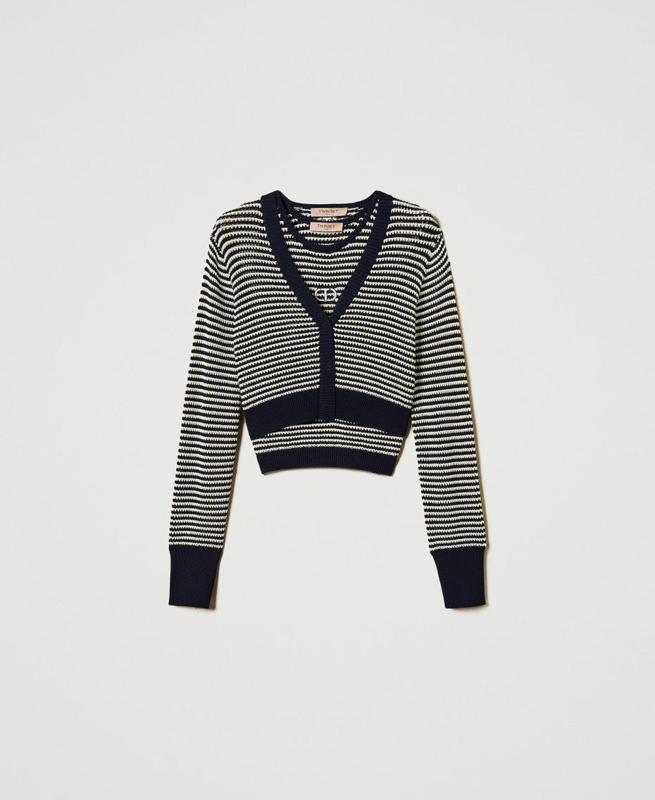 Striped knit cardigan and top with Oval T Two-tone Snow/Blue Night Woman 251TP3320_12261_S0