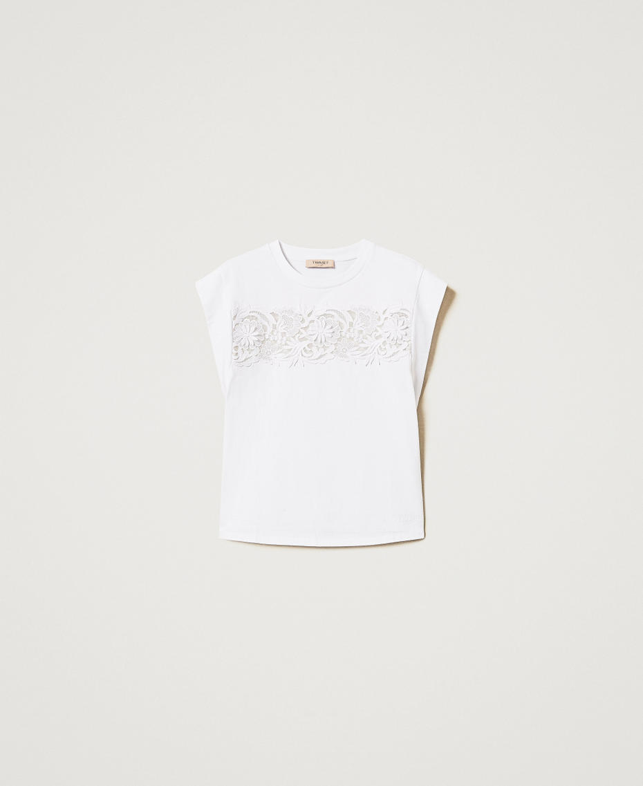 T-Shirt mit Spitzenapplikation Wei&szlig; Frau 251TP2073_00001_S0