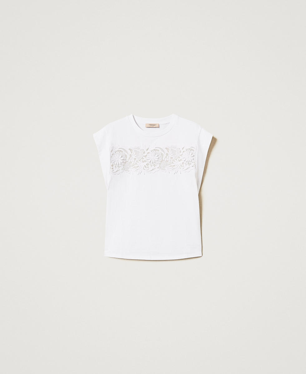 T-shirt avec application de dentelle Blanc Femme 251TP2073_00001_S0