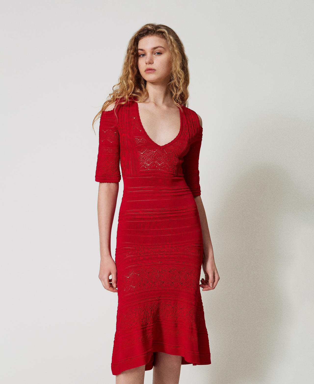 Punched knit midi dress Dark Hibiscus Red Woman 251TT3104_12448_01