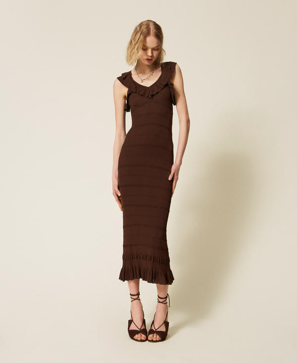 Rib knit midi dress with ruffles