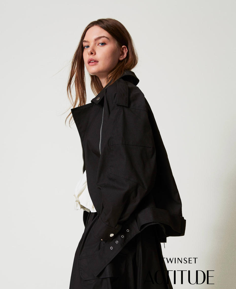 Oversized biker jacket with belt Black Woman 251AP2052_00006_PA