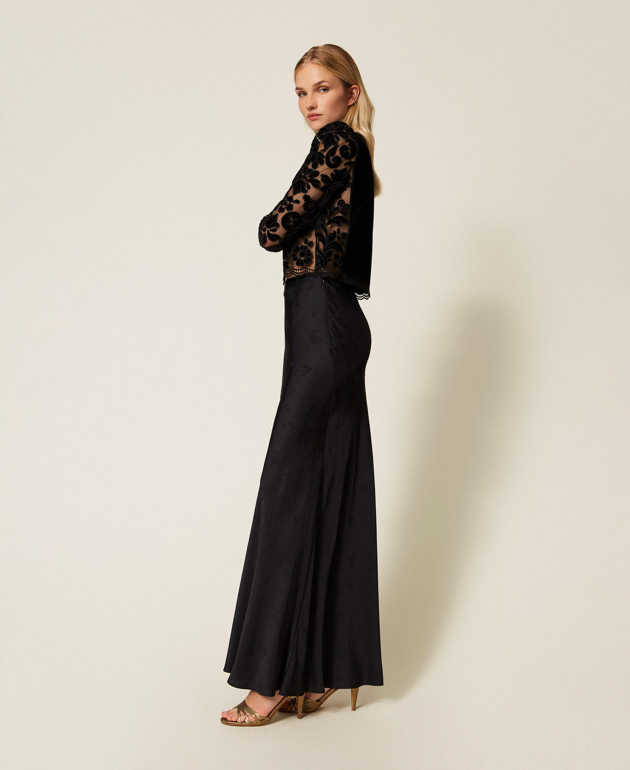 Long jacquard satin skirt Black Woman 252TT2366_00006_02