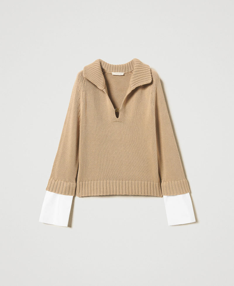 Cotton and poplin jumper Two-tone Rope Beige/Optical White Woman 251TE3050_12425_S0
