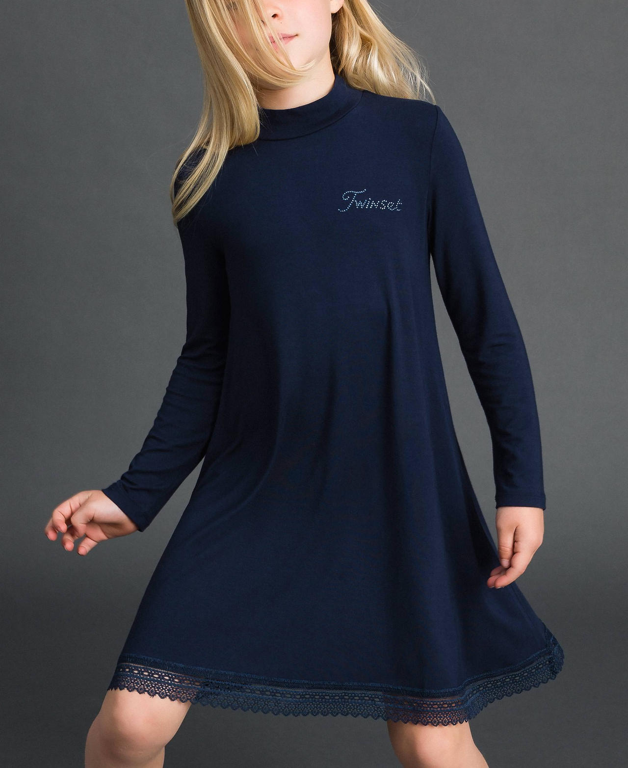 Dress with lace and rhinestone logo Blue Night Girl GCN2F1-02