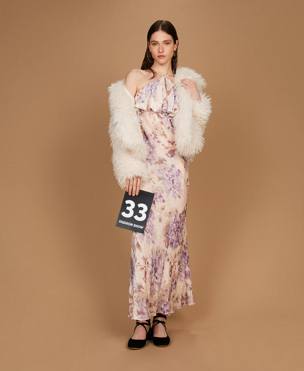 Samtkleid aus Seidenmischung mit floralem Dessin