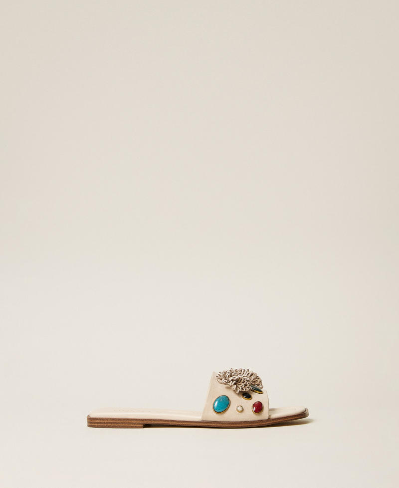 Suede slides with decorative stones Mother Of Pearl Woman 261TGT062_00059_01