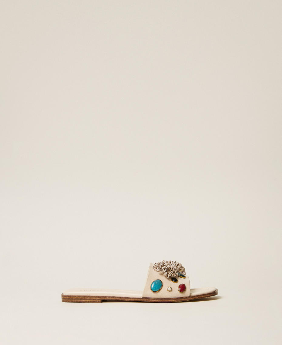 Suede slides with decorative stones Mother Of Pearl Woman 261TGT062_00059_01