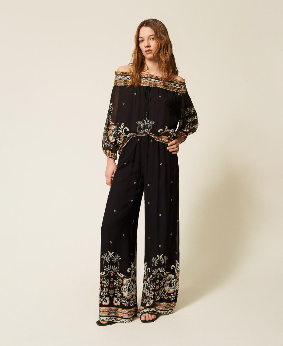 Georgette wide printed trousers Black Foulard Print Woman 261LB2LDD_13225_01
