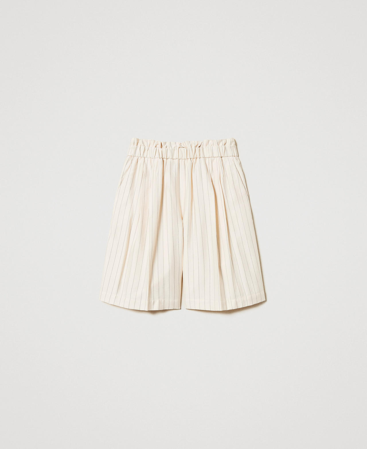 Pinstripe Bermuda shorts with elastic Beige/Black Pinstripe Woman 251LL2AFF_12247_0S
