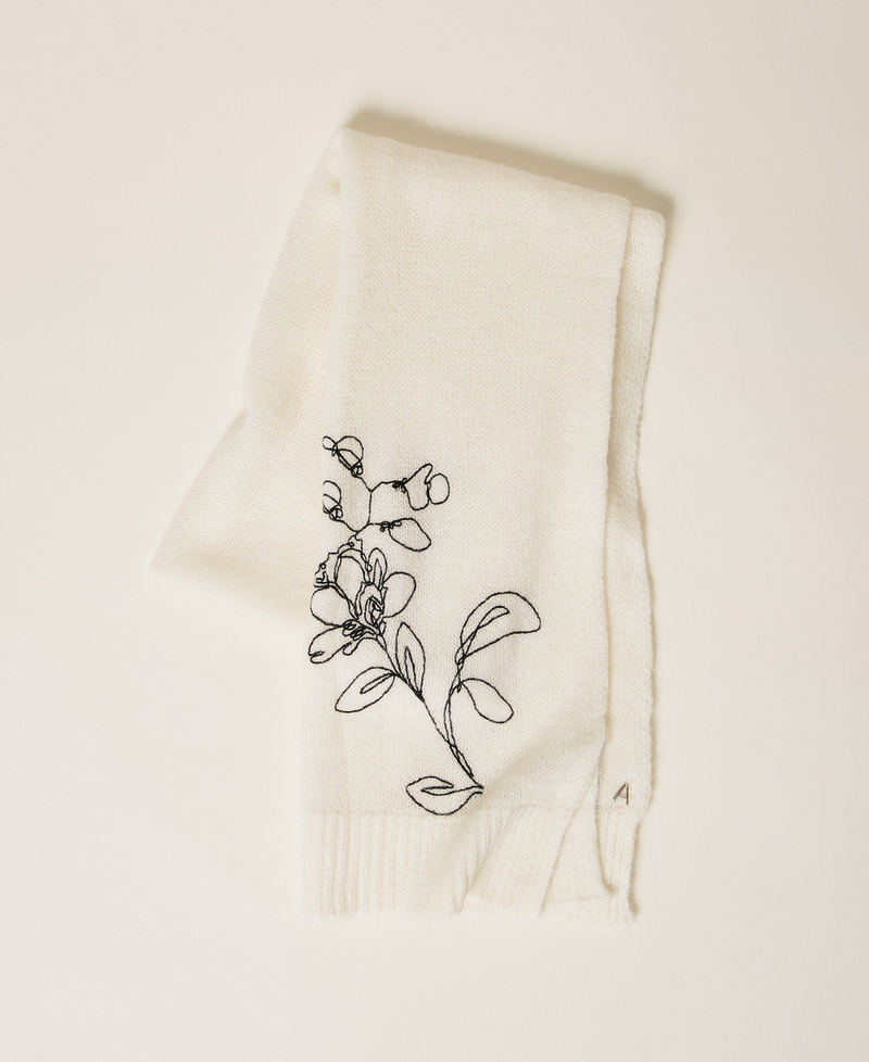 Knitted scarf with floral embroidery "Snow" White/Black Embroidery Woman 262AA4040_13762_01