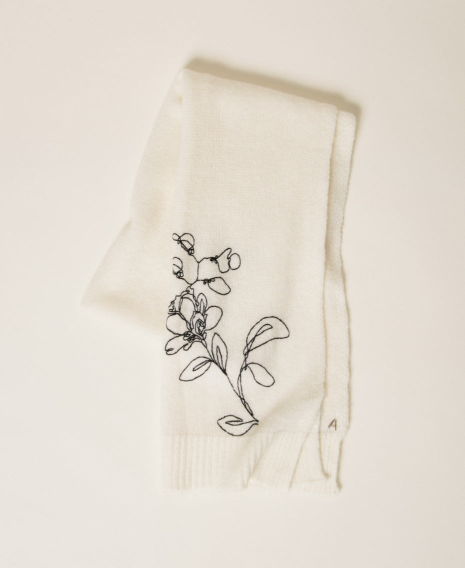 Knitted scarf with floral embroidery "Snow" White/Black Embroidery Woman 262AA4040_13762_01