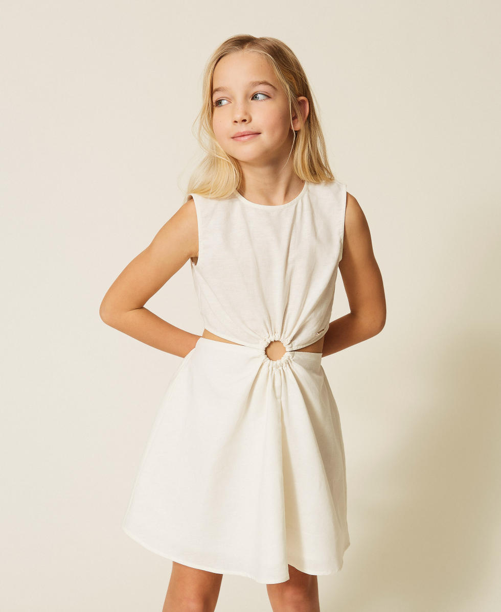 Short linen dress with cut-out Girl, White | TWINSET Milano