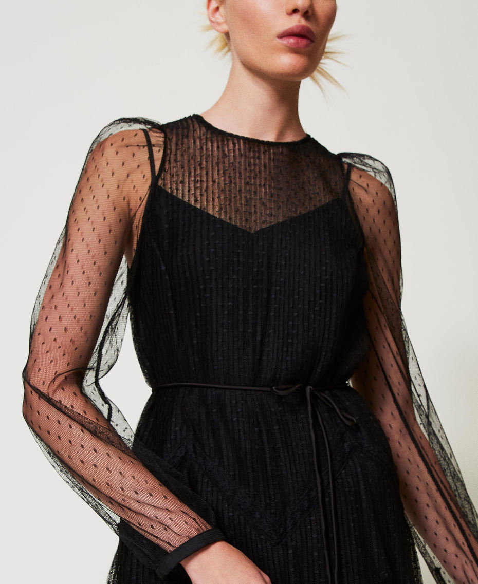 Robe longue en tulle plissé avec volants Noir Femme 251TP2510_00006_04