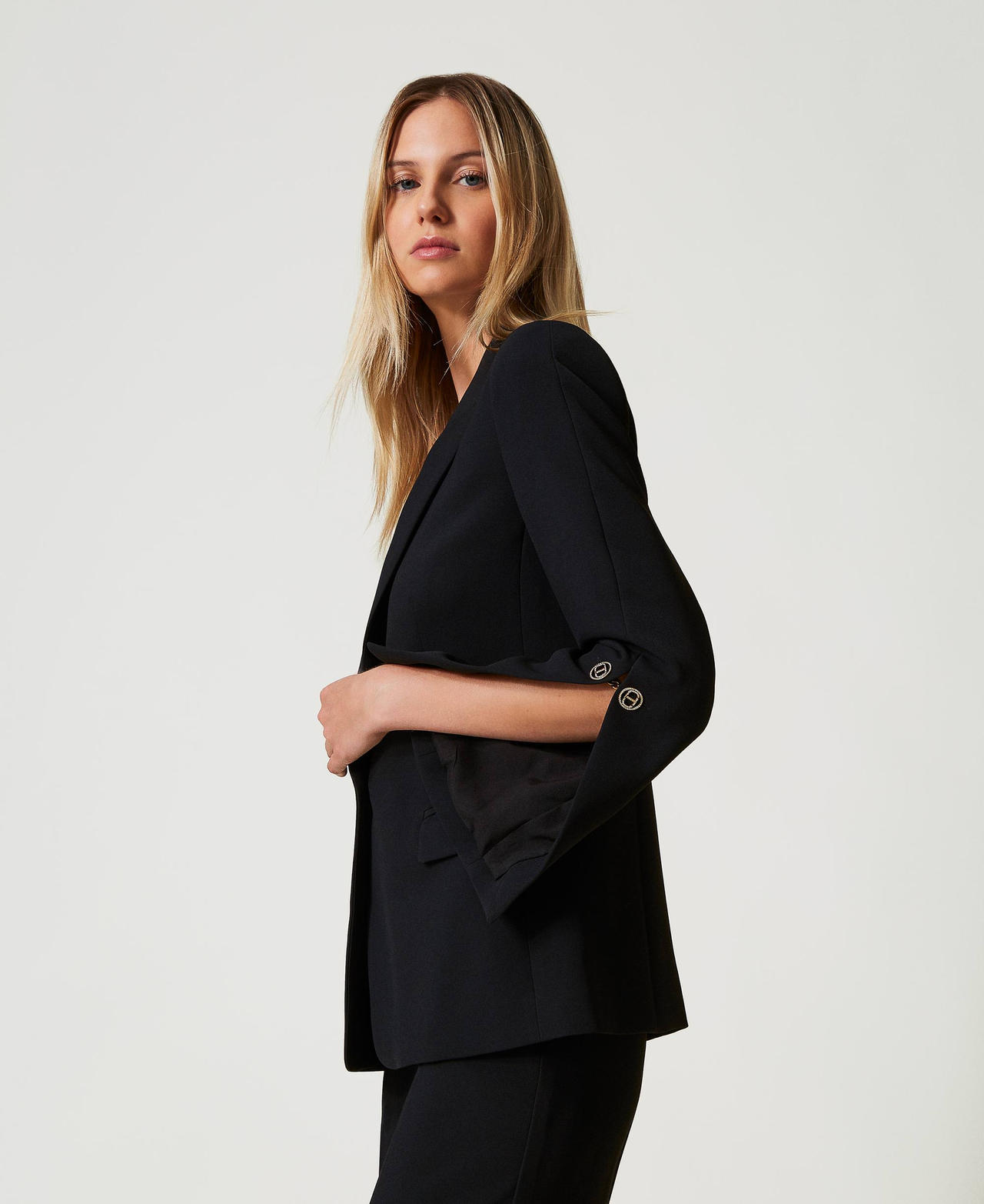 Cady cr&ecirc;pe blazer with cufflinks Black Woman 242TP2350_00006_02