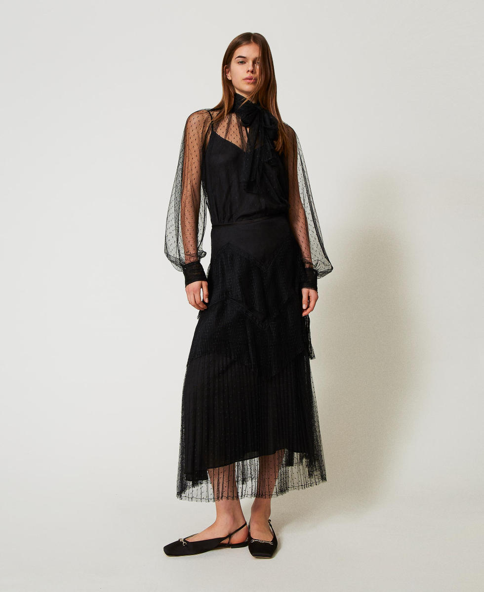 Long tulle skirt with pleated flounces Woman, Black | TWINSET Milano