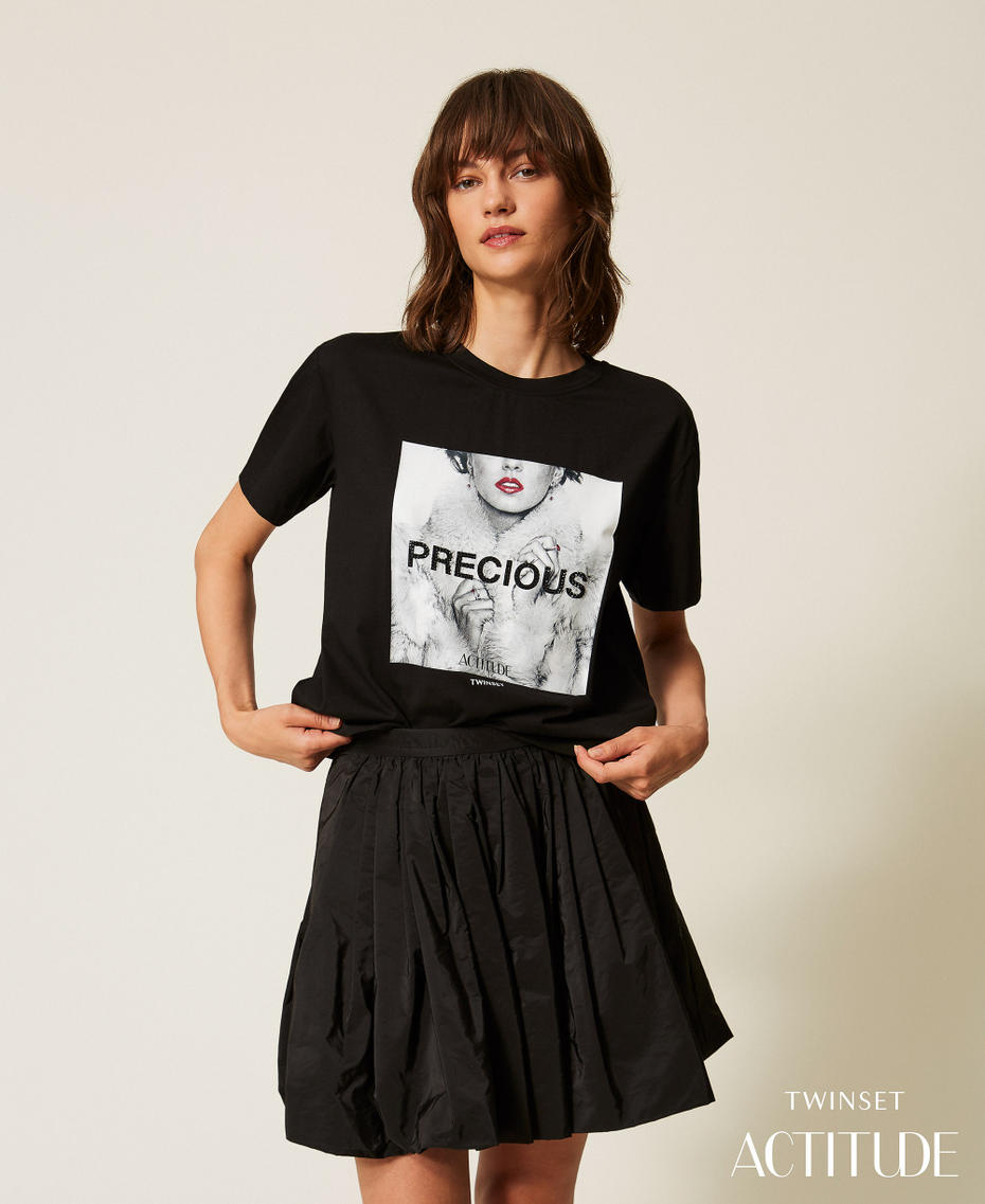 T-shirt avec imprim&eacute; et strass Noir Femme 262AP2510_00006_PA