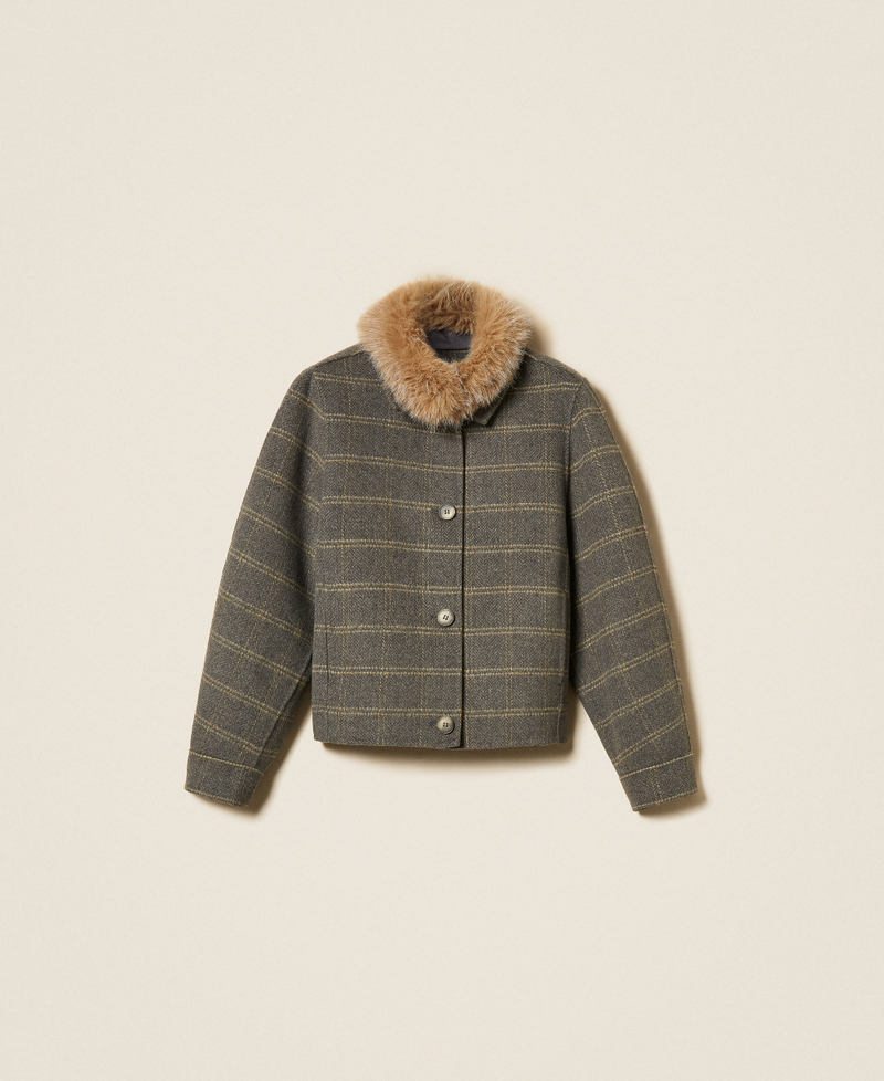 Double check wool caban coat with faux fur Grey Melange/Mustard Check Woman 262TP2221_13841_S0