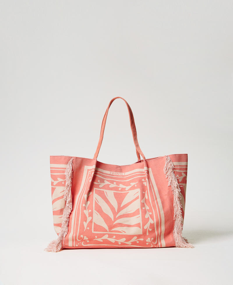 Printed canvas shopper bag Coral Sun/Almond Beige Foulard Print Woman 251LM8ALL_12381_01