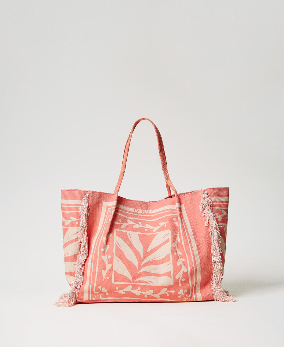 Printed canvas shopper bag Coral Sun/Almond Beige Foulard Print Woman 251LM8ALL_12381_01