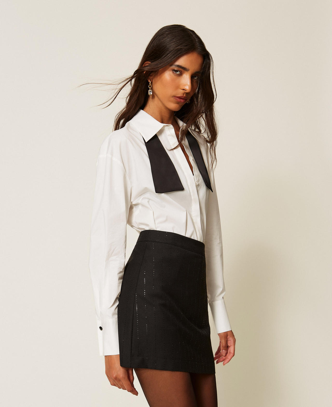 TWINSET - Chemise en popeline avec naud papillon plissé, Femme, Off White, L