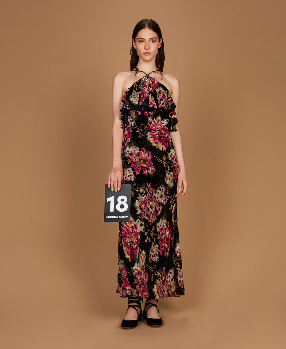 Silk blend velvet floral dress Black/Magenta Floral Print Woman 252TS2330_13099_PS