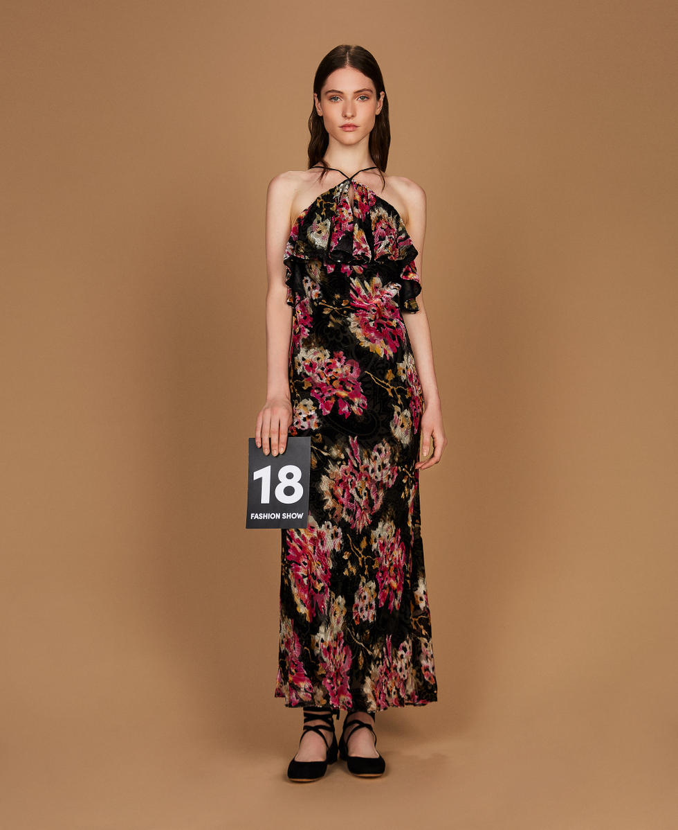 Silk blend velvet floral dress Black/Magenta Floral Print Woman 252TS2330_13099_PS