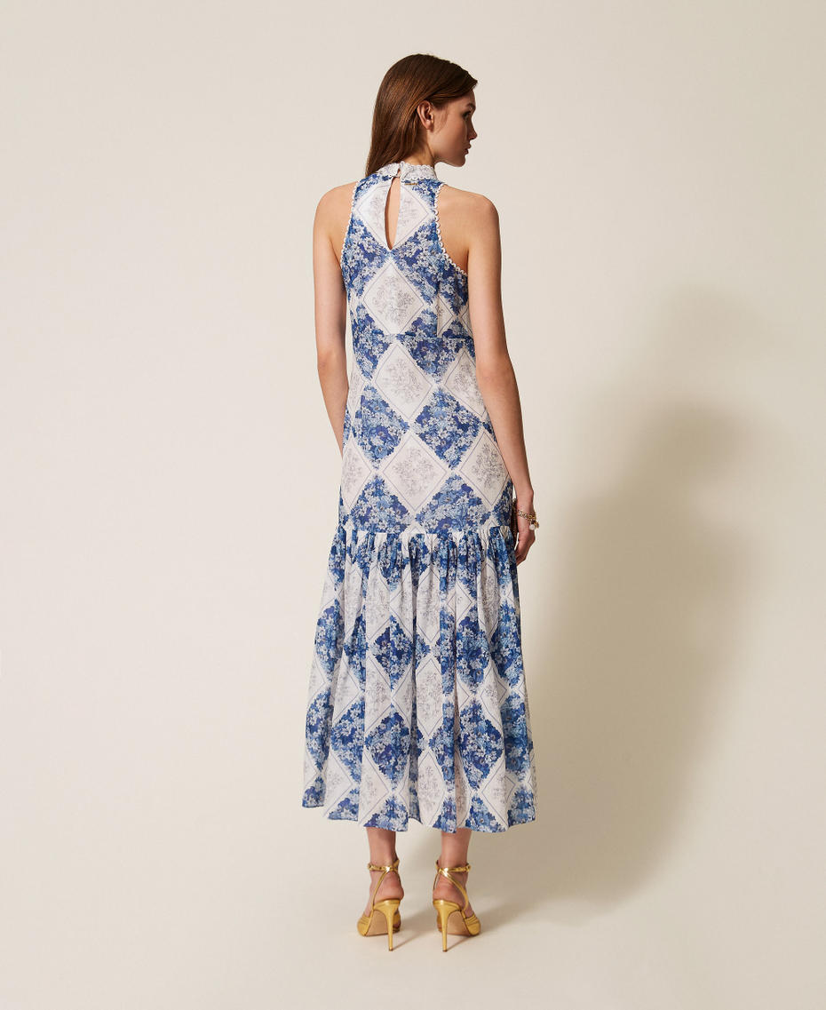 Langes Kleid aus Ramie mit floralem Print Floraler Rauten-Print/Topas-Hellblau Frau 261TP213B_13405_03