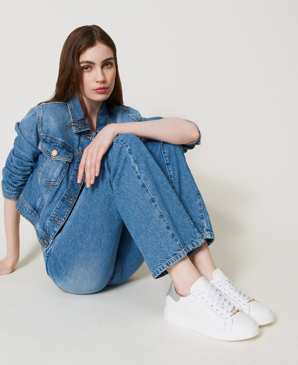 Ledersneaker mit Oval T Zweifarbig Optisches Wei&szlig; / Perlgrau Frau 242TCP012_11787_S0