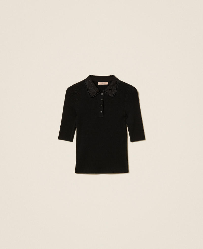 Pull polo avec col en broderie anglaise Noir Femme 262TP3380_00006_S0