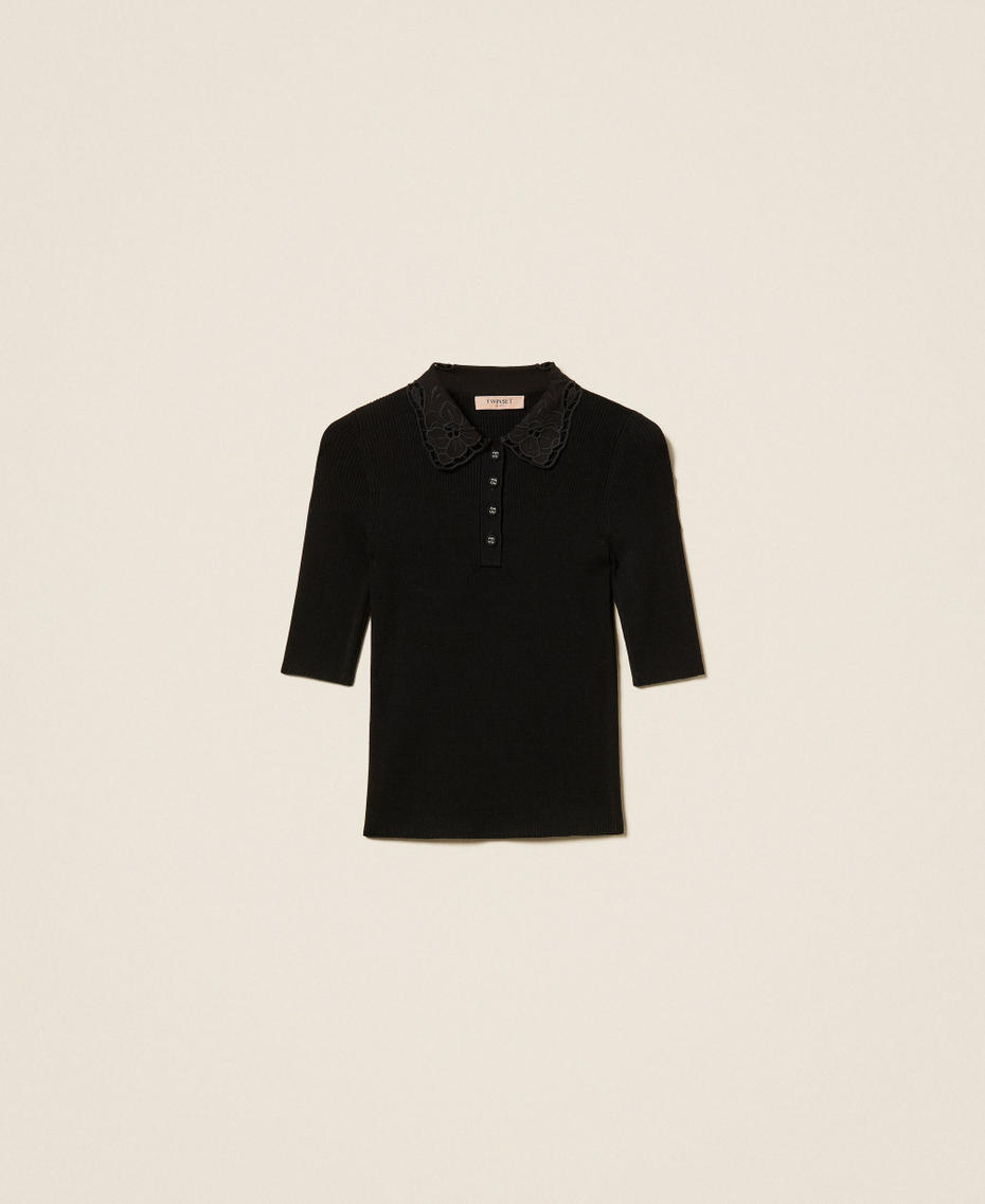 Pull polo avec col en broderie anglaise Noir Femme 262TP3380_00006_S0