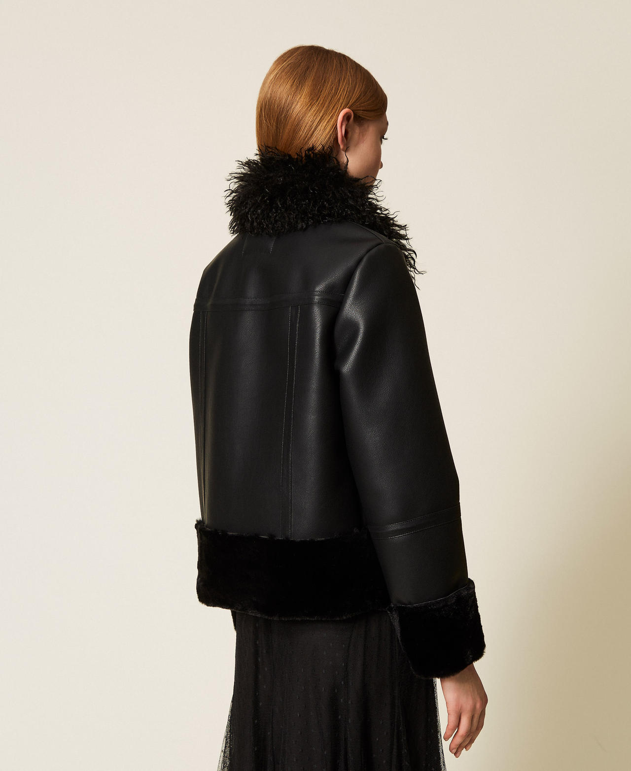 Faux leather jacket with faux fur Black Woman 252TP2410_00006_03