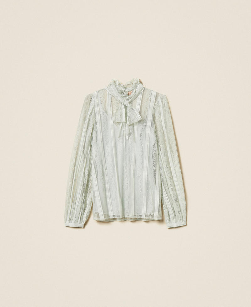 Striped lace blouse with bow Aqua Blue Woman 261TP2541_13162_S0