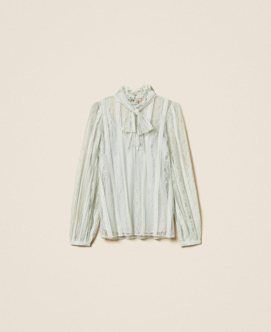 Striped lace blouse with bow Aqua Blue Woman 261TP2541_13162_S0