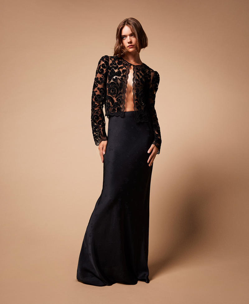 Long jacquard satin skirt Black Woman 252TT2366_00006_PC