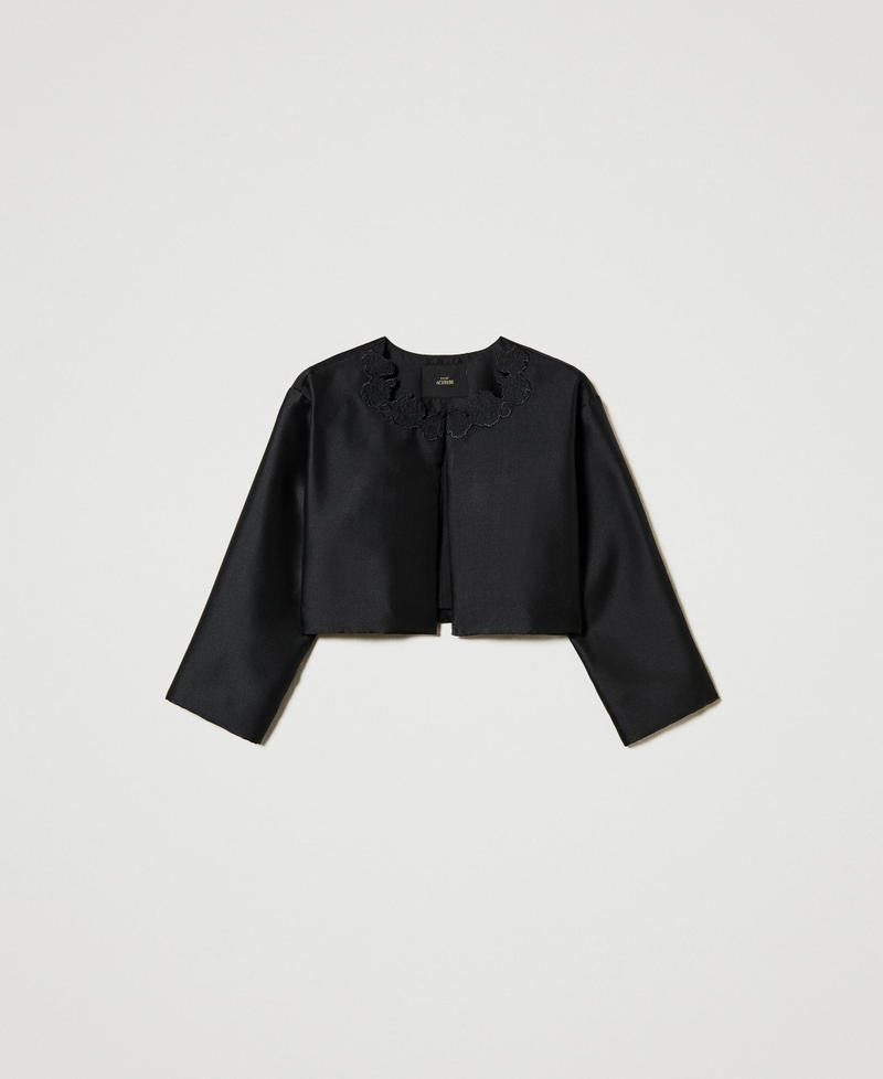 Twill jacket with broderie anglaise Black Woman 251AP2261_00006_S0