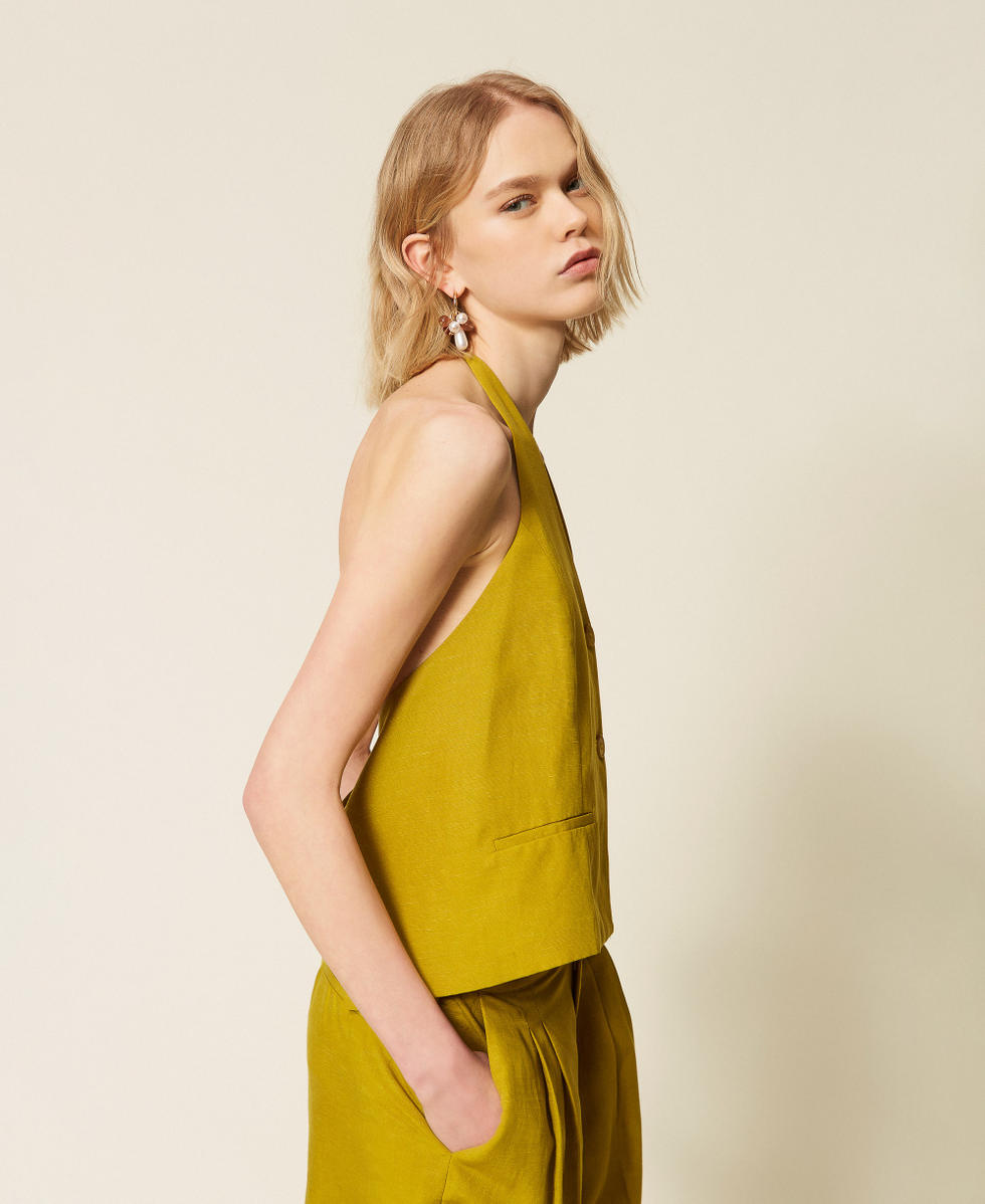 Linen blend halter waistcoat Avocado Oil Green Woman 261TT2551_12117_02