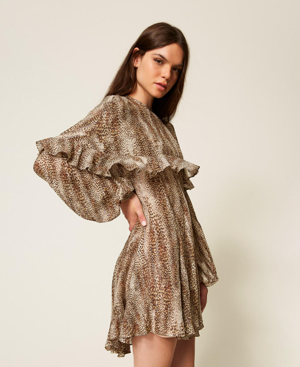 Kurzes Kleid aus Cr&ecirc;pe im Animal-Design Animalprint Brown Streifen Lurex Frau 252TT2350_12895_03