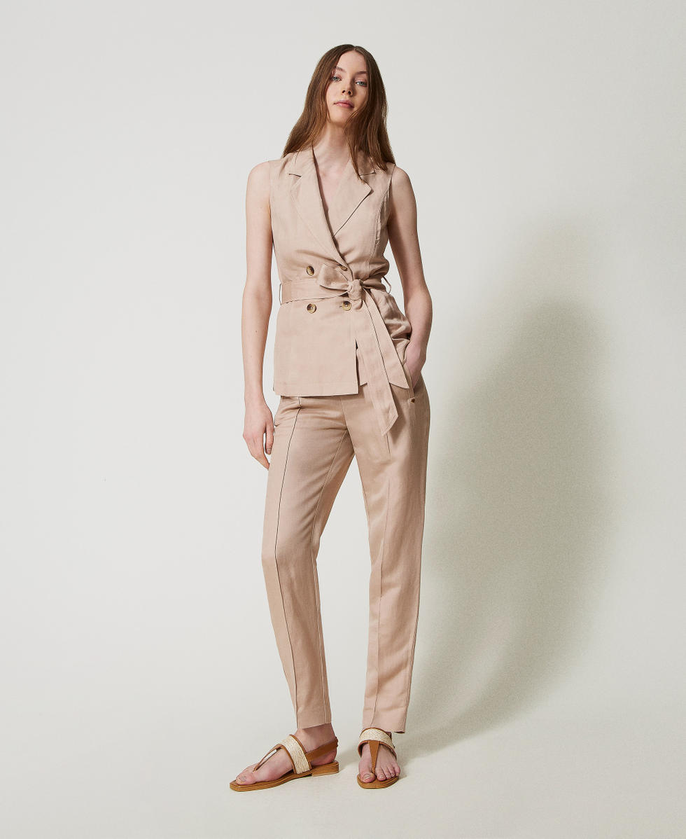 Linen blend sleeveless jacket with belt Rose Desert Woman 251LL2BDD_12109_T0