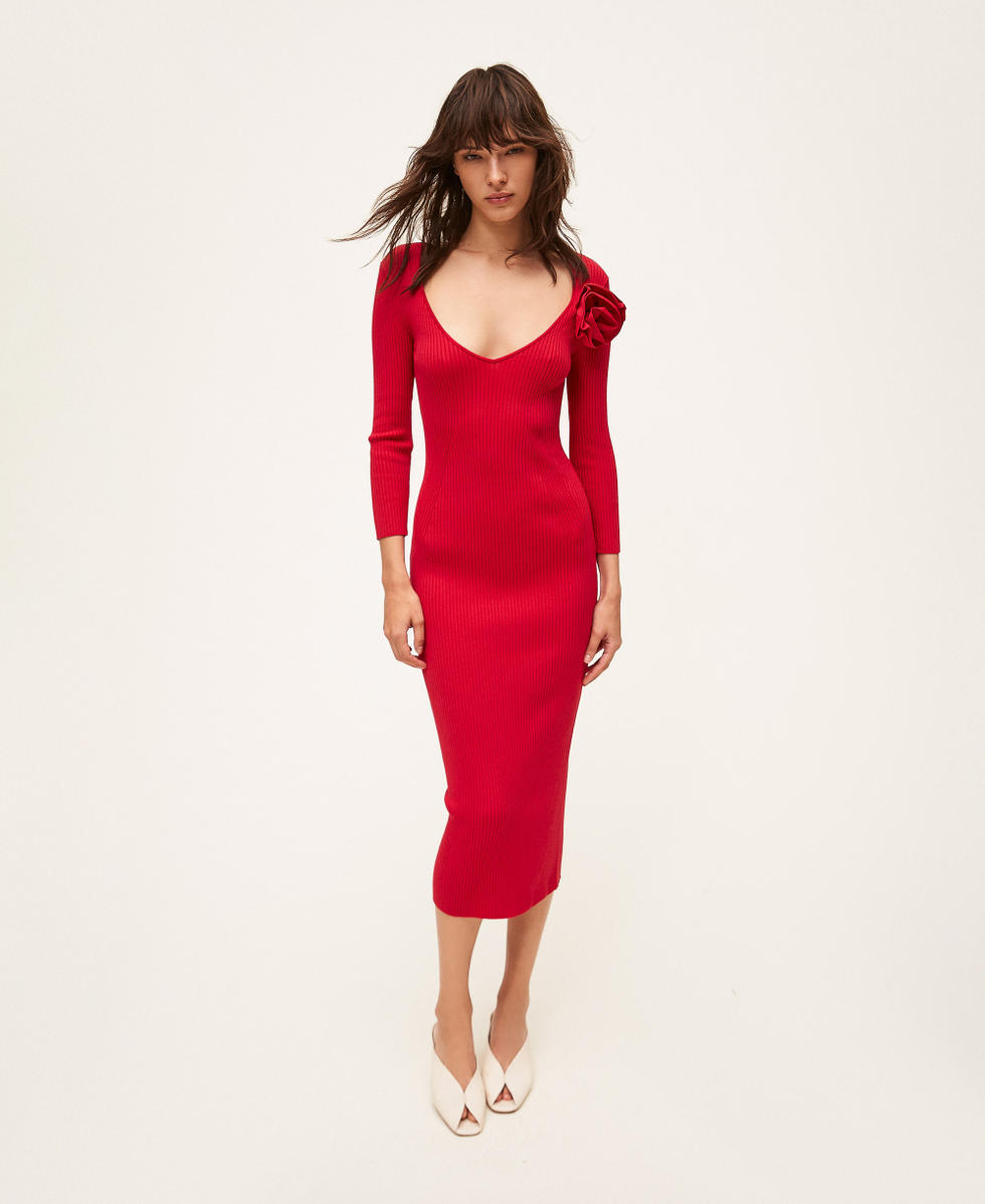 Robe longue en maille avec broche Rouge &laquo;&nbsp;Magenta&nbsp;&raquo; Femme 261AP3100_13160_01