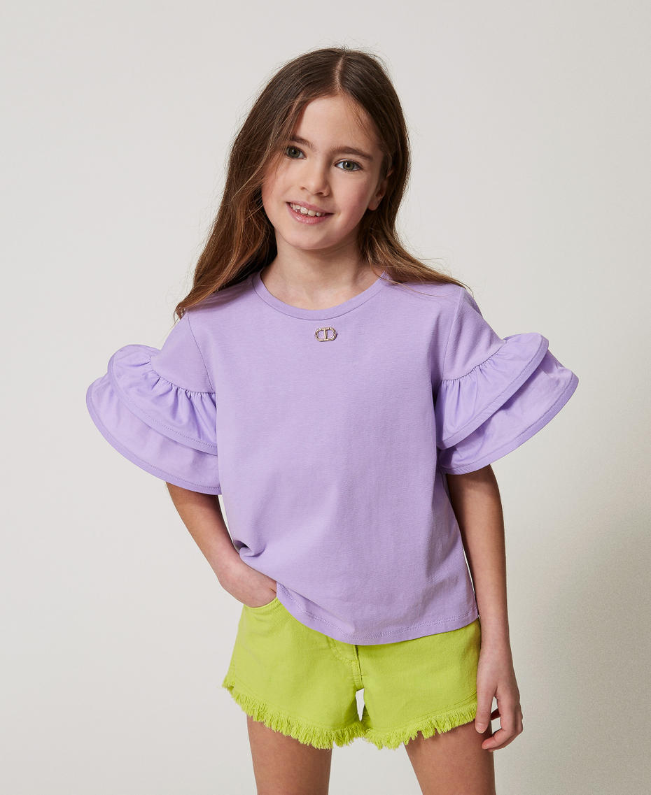 T-shirt with flounces and Oval T Pastel Violet Girl 251GJ2440_11862_01