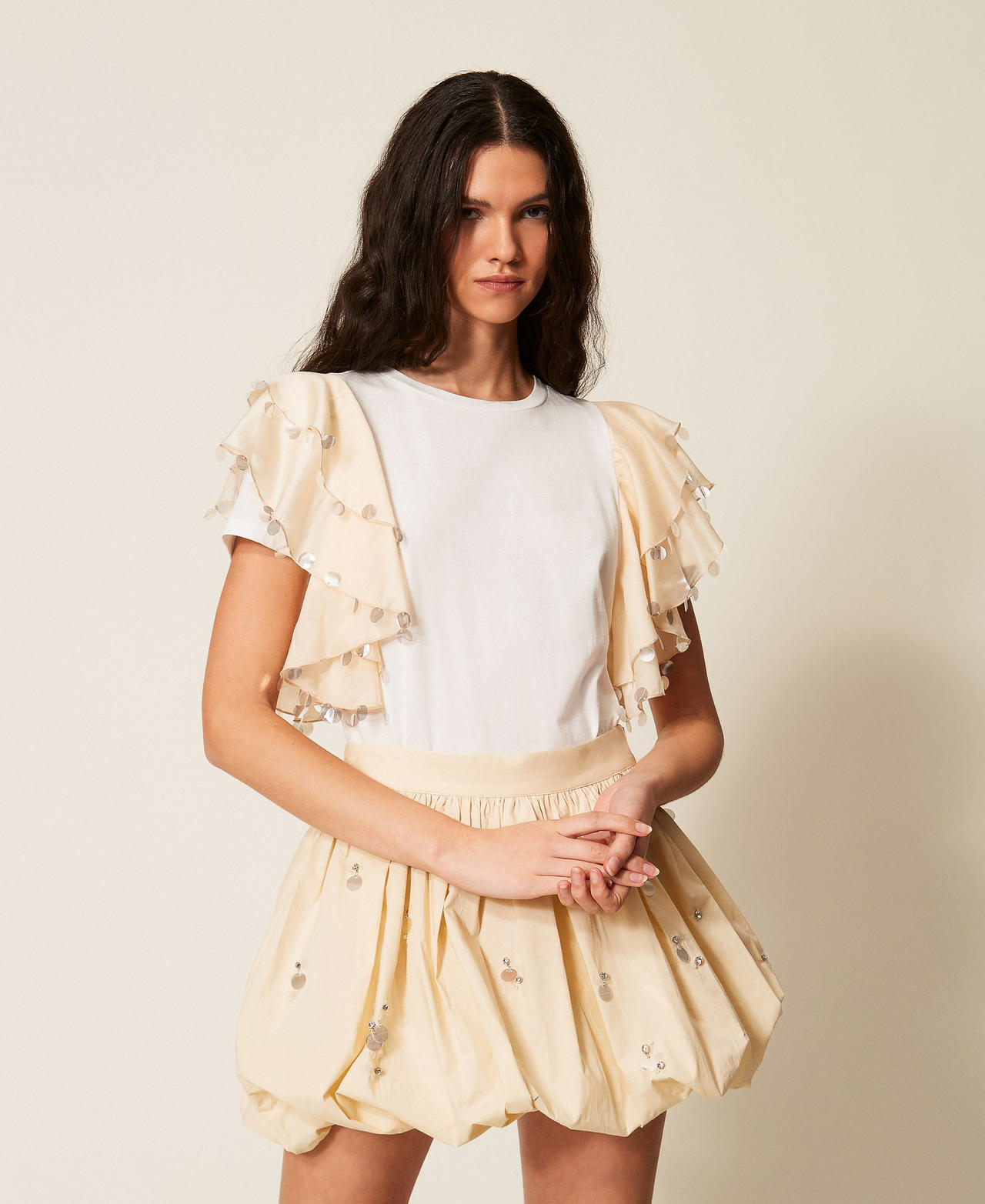 Regular T-shirt with voile sleeves Two-tone Off White/Cashew Beige Woman 261AT2210_13553_01