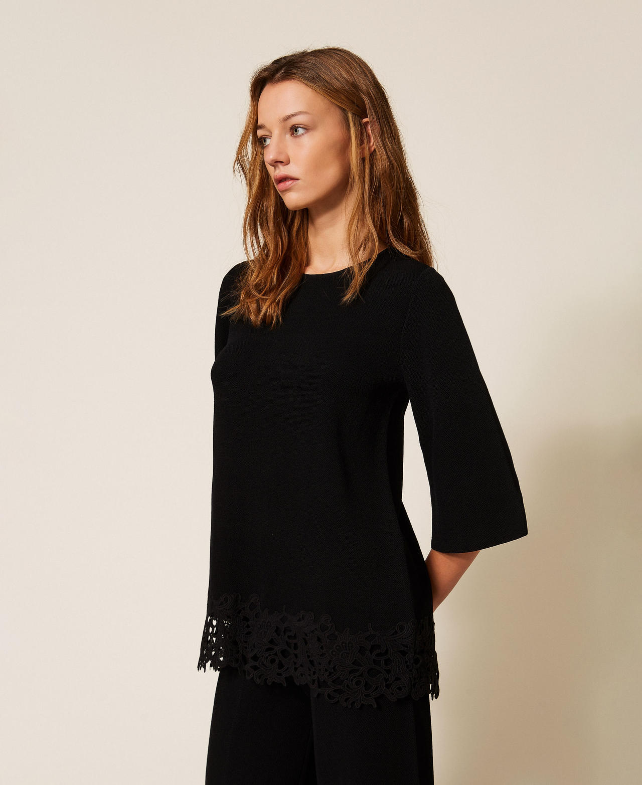 Maxi pull avec dentelle Noir Femme 261LB3GAA_00006_02