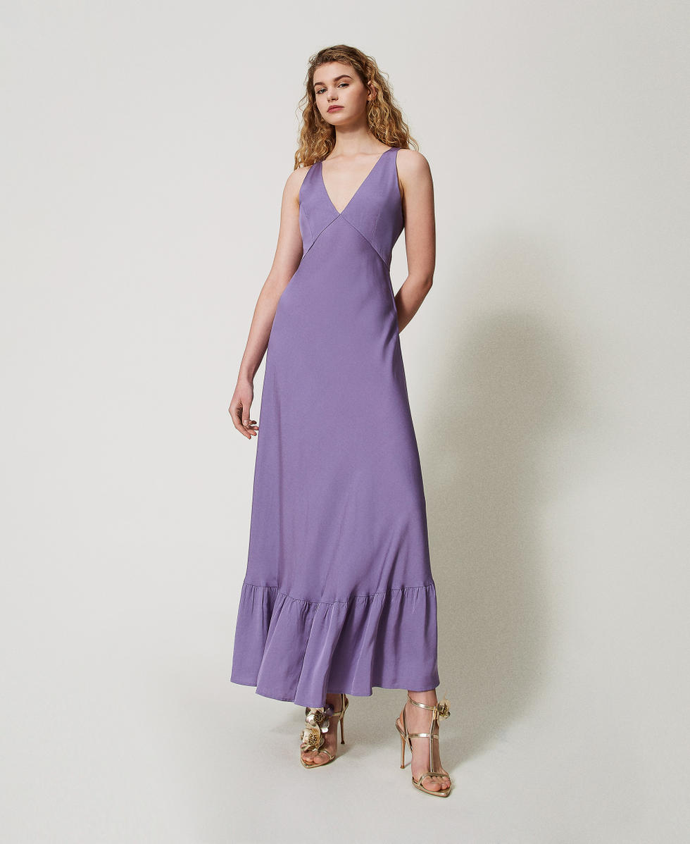 Long satin crepe dress with flounce Cold Lavender Woman 251TT2191_11948_02