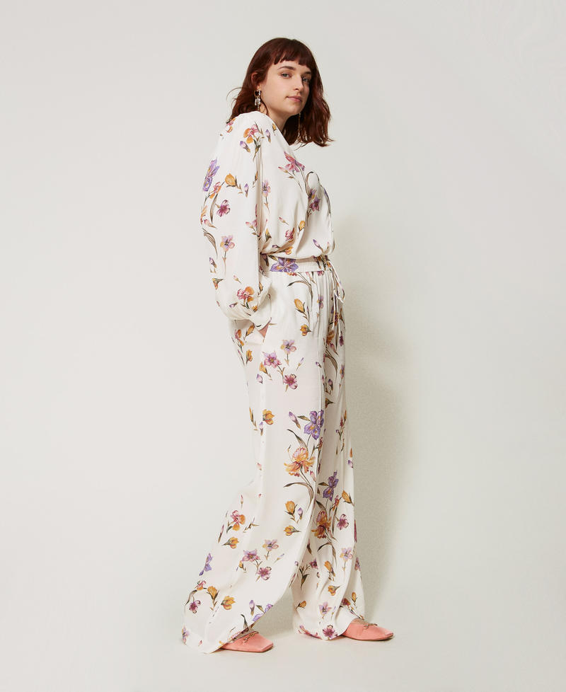 Crêpe de Chine floral trousers with elasticated waist
