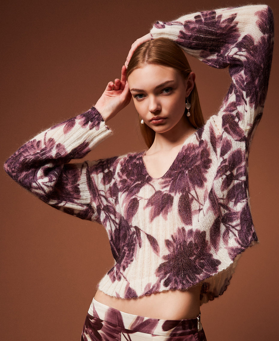 Mohair blend jumper with floral print Winetasting/Old White Dahlia Print Woman 252TP3591_12785_PC